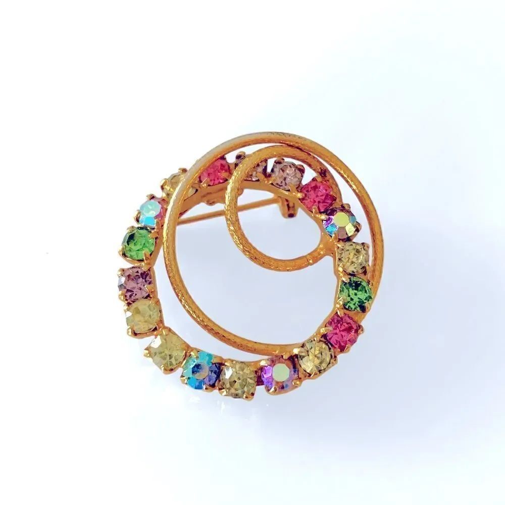 Vintage Multicolor Rhinestone Gold Swirl Brooch